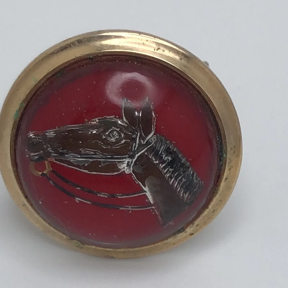 VTG Horse Head Cuff Links Equestrian Theme Reverse Painted Horse Racing Jewelry
